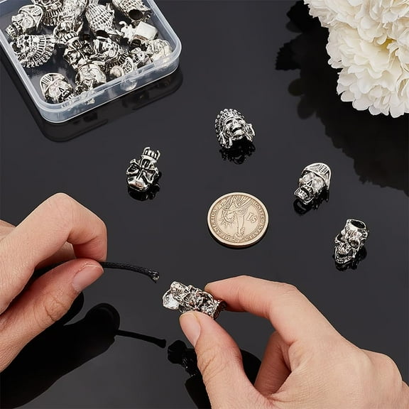Alloy 20Pcs 5 Styles Tibetan Style Paracord Bead European Beads Antique Silver Skull Head Beads Metal Skeleton Beads Large Hole Beads Skull Loose Spacer Beads for Jewelry Making Hole 5-6mm