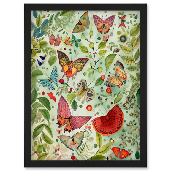 Butterflies And Leaves Folk Art Watercolour Painting Artwork Framed Wall Art Print A4