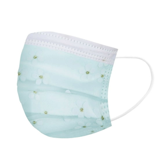 Olilia 50 Pcs Net Yarn Flowers Disposable Face_Masks Four-Layer Face Protection for Women, Beautiful Elegant Lace Floral Print Breathable Anti-dust Covering with Elastic Earloop & Nose Clip, Blue