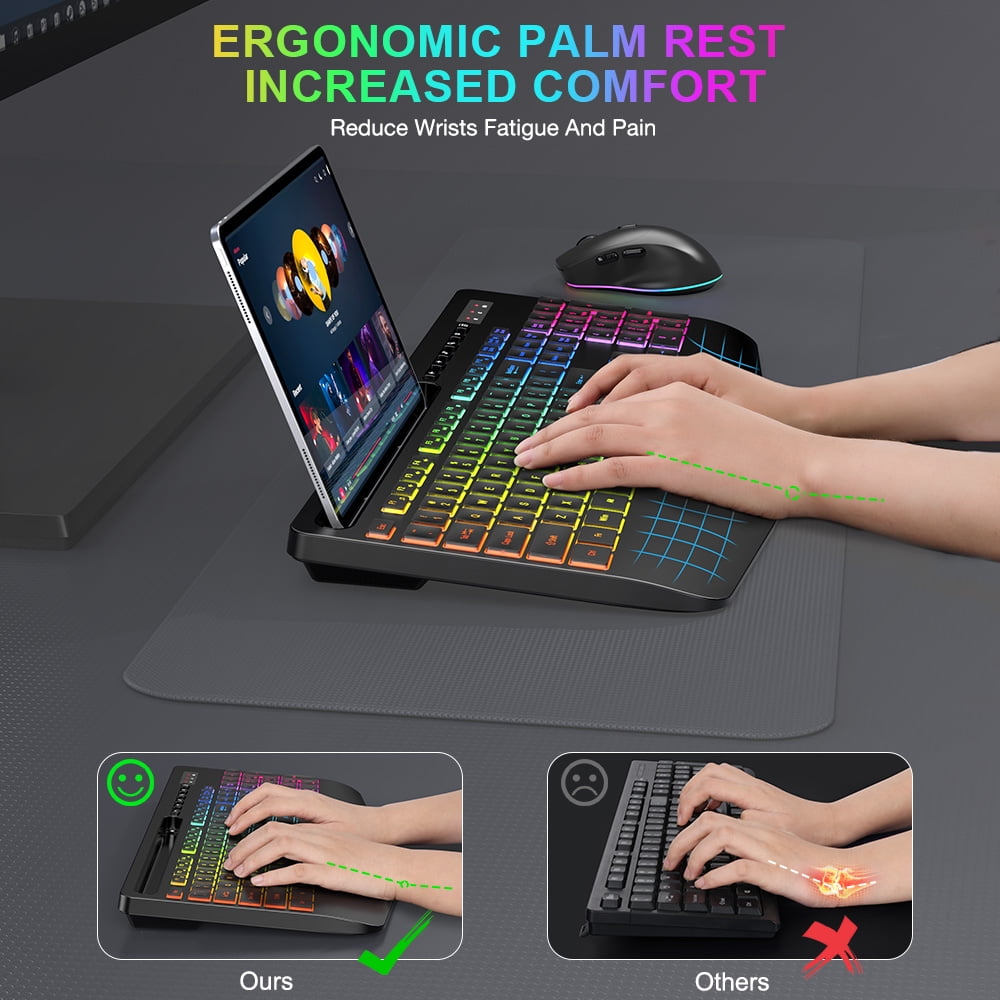 Wireless Keyboard and Mouse Combo with 9 Backlit, Wrist Rest & Phone Holder, Black, New