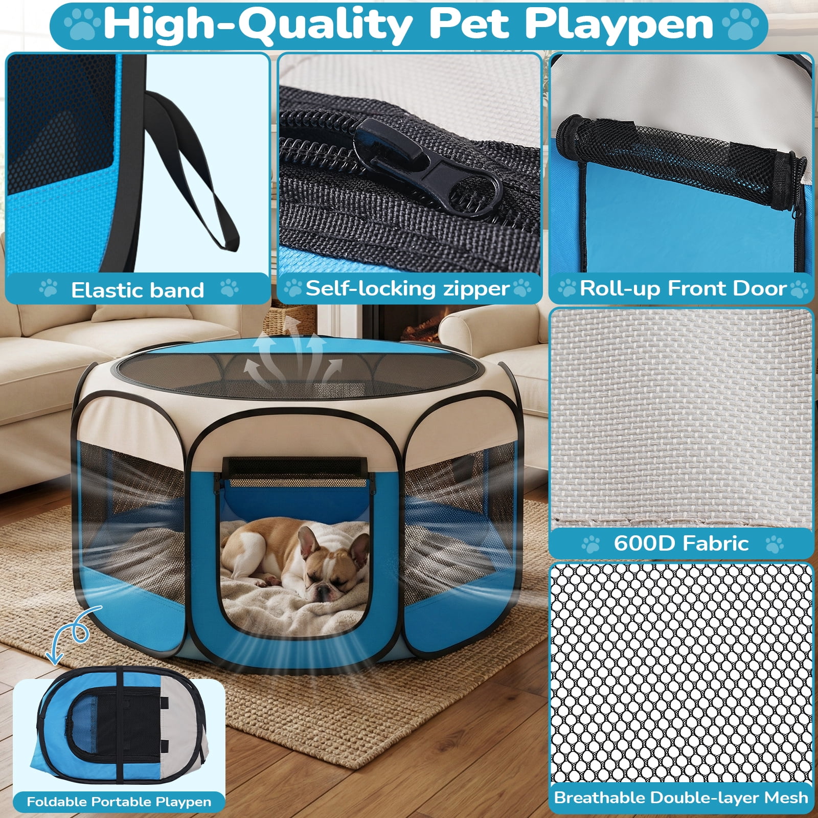 BEBANG Dog Playpen Indoor/Outdoor, Oxford Fabric & Breathable Mesh, Puppy Playpens Pet Exercise for Small/Large Dogs, Cats, Rabbits, Hamsters (L)