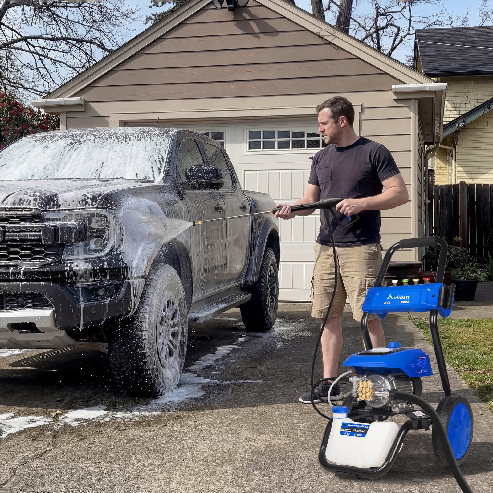 ANLIBATT Electric Pressure Washer 3200 PSI Max 1.7 GPM Heavy-Duty Brushless Motor Cold Water 5 Quick Nozzles 35ft Cord 25ft Hose Built-in Soap Tank