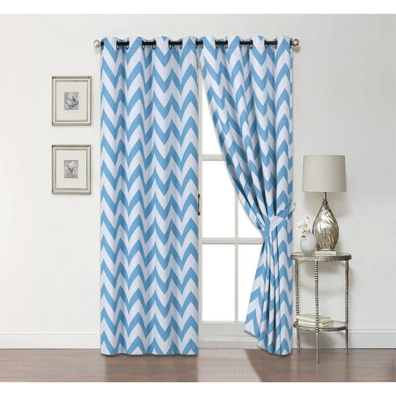 2 Pack: Chevron 100% Blackout Curtains W/ Tiebacks - Aqua, 95 In. Long