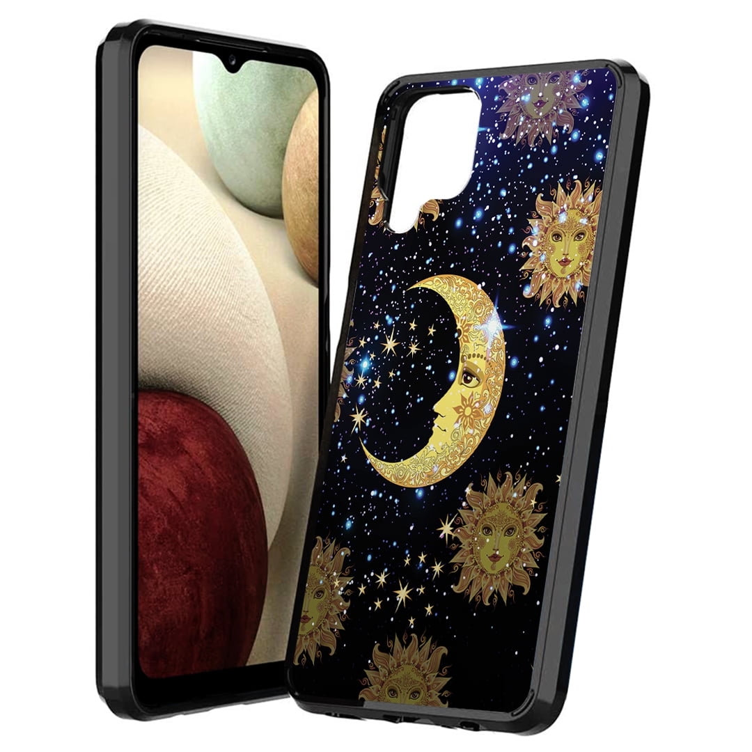 Capsule Case Compatible with Galaxy A12 [Cute Slim Heavy Duty Men Women Girly Design Protective Black Phone Case Cover] for Samsung Galaxy A12 SM-A125 (Celestial Moon Sun Stars)