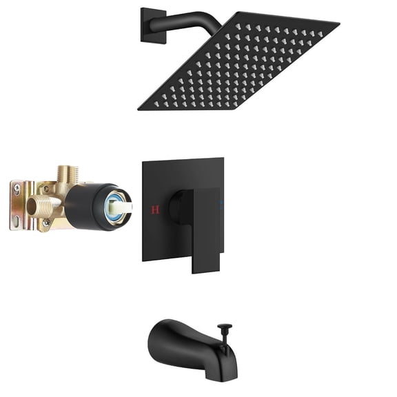 Zovajonia Matte Black Complete Tub Shower Trim Kit with Solid Brass Rough-in Valve and 8 Inch Square Rainfall Showerhead Bent Shower Arm Tub Spout