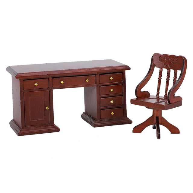 Juego de Sillas de Escritorio de Madera para Casa de Mu?ecas,2 Piezas 1:12 Mesa de Oficina en Miniatura de Simulación con Cajones y Muebles de Silla de Oficina Modelo de Juguete(Madera Roja) Amonsee NO