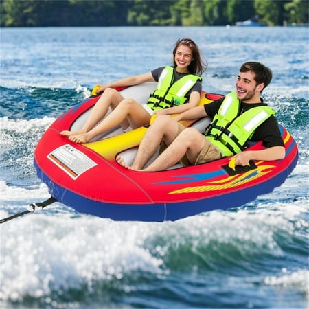 Inflatable Towable Tube for Boating - 2-Rider 340lb Capacity 69 x 68 Durable 900D Nylon & PVC Red/Yellow/Blue Lakes Oceans & Rivers