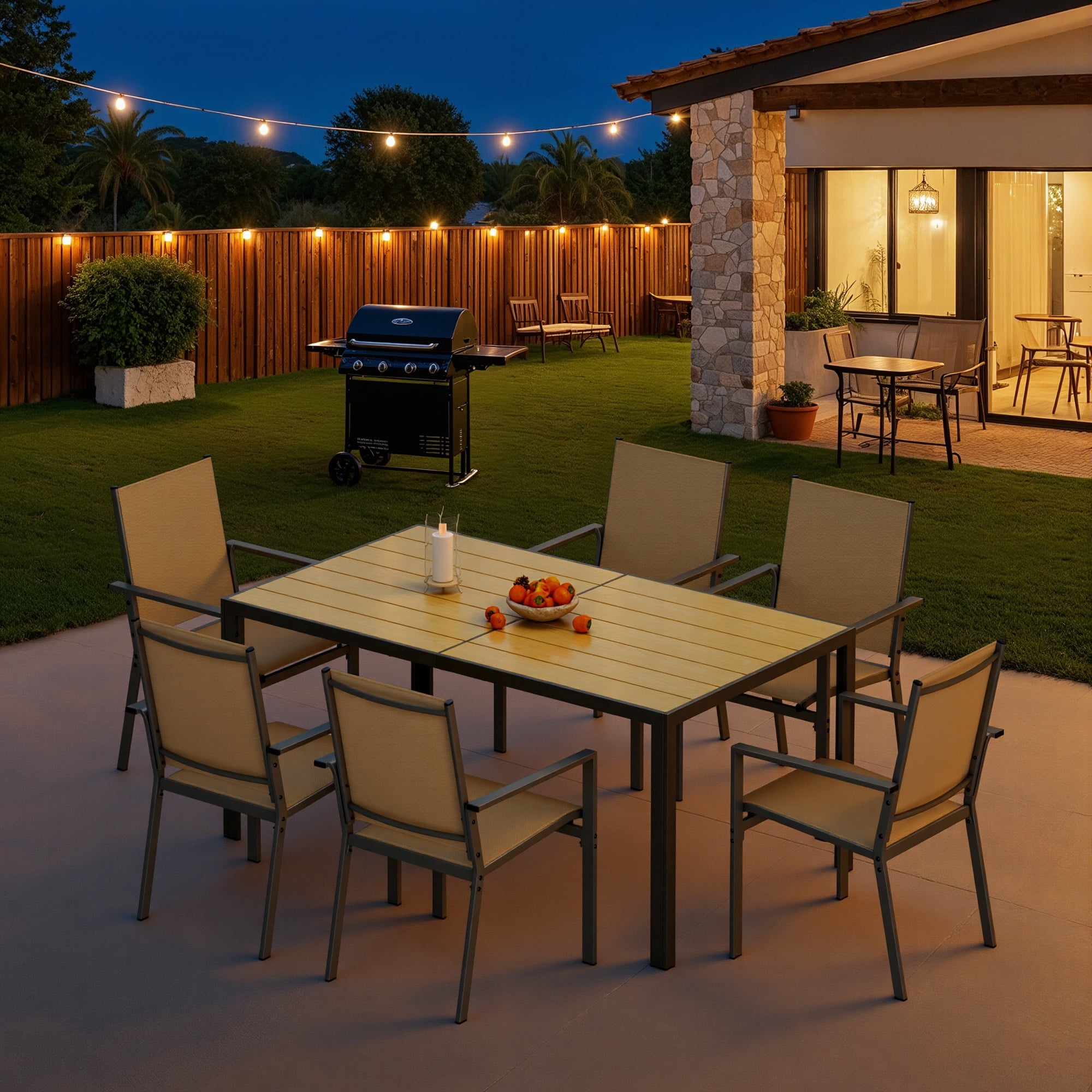 Noelse 7 Piece Patio Dining Set, Outdoor  Patio Table and Chairs with Umbrella Hole, 6 Stackable Textilene Chairs for Backyard, Brown