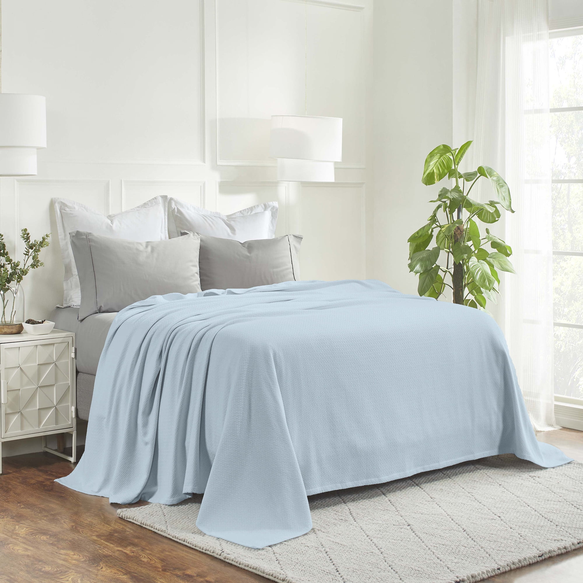 Superior Nobel Cotton Textured Chevron Woven Blanket, Twin, Light Blue