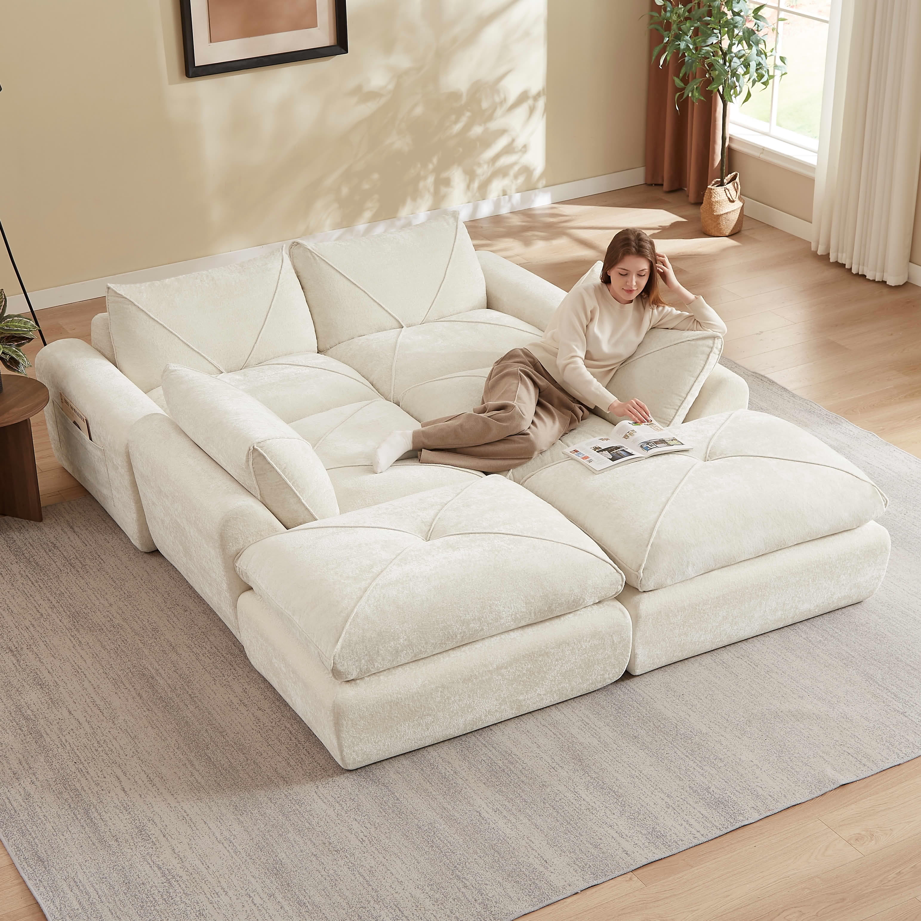 MAYEERTY 153" Cream Chenille Oversized U-Shaped Modular Sectional Sofa, 300lbs Spring Support for Living Room