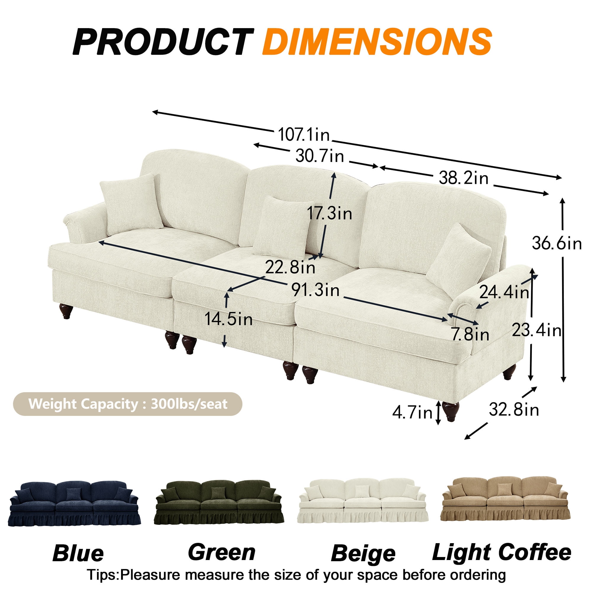 Firscook 104” Chenille 3 Seater Sofa, Oversized Couch for Living Room, Beige