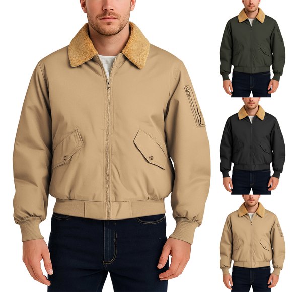 AnuYalue Fleece Bomber Jacket for Men Sherpa Lined Full Zip Flight Jackets Vintage Lapel Fall Winter Coat Casual Long Sleeve Outerwear with Pocket