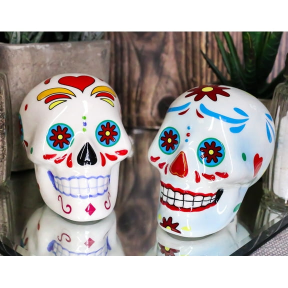 Colorful Day Of The Dead Blue And White Sugar Skulls Salt And Pepper Shakers Set