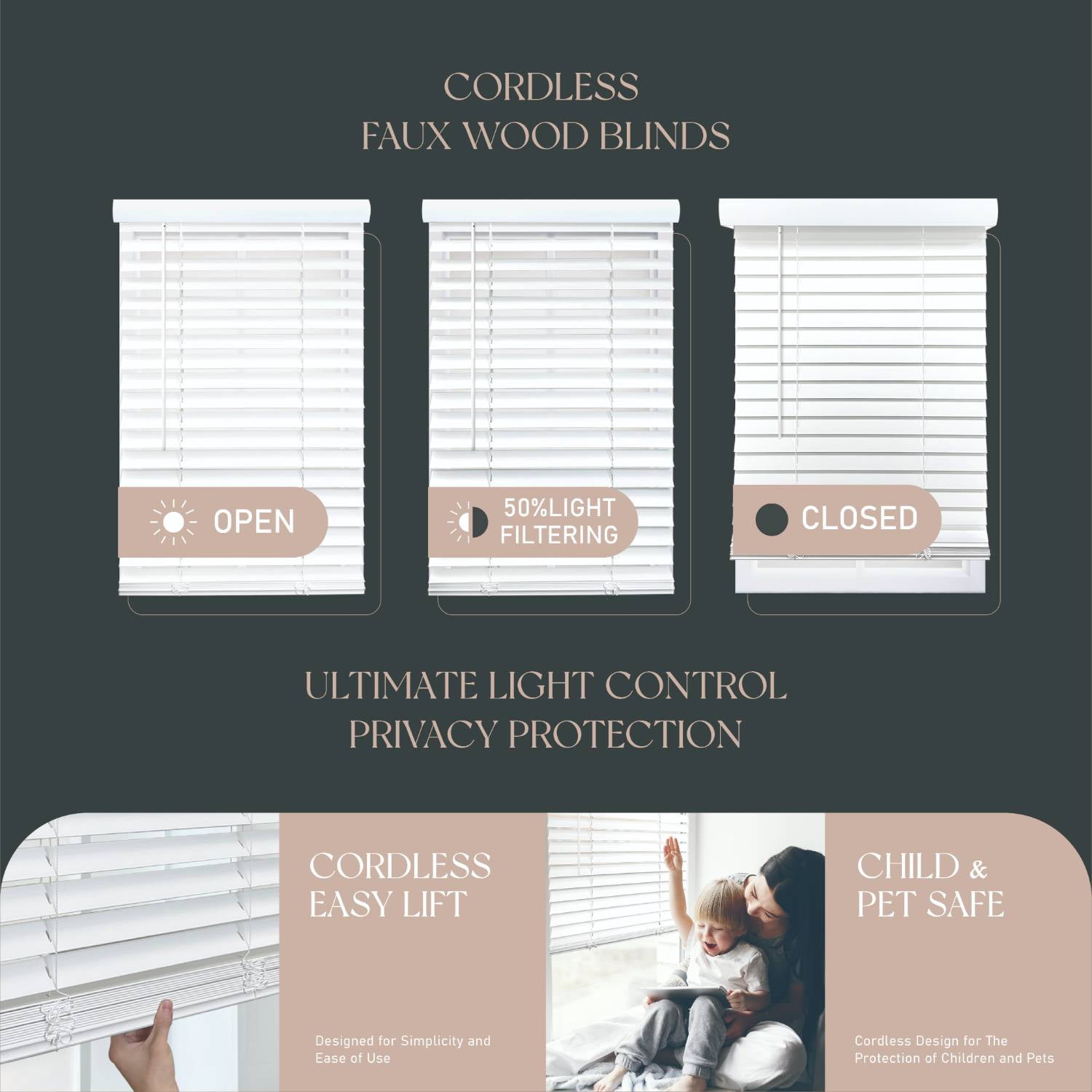 Regal Estate Cordless 2" Smooth Faux Wood Blinds, Room Darkening Privacy Window Blinds, White, 47"W x 48"H