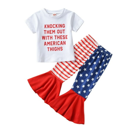 

TAIAOJING Baby Girl Summer Cute Outfits Toddler Short Sleeve Independence Day 4 Of July T Shirt Tops Star Striped Prints Bell Bottoms Pants Kids Clothes Set 4-5 Years