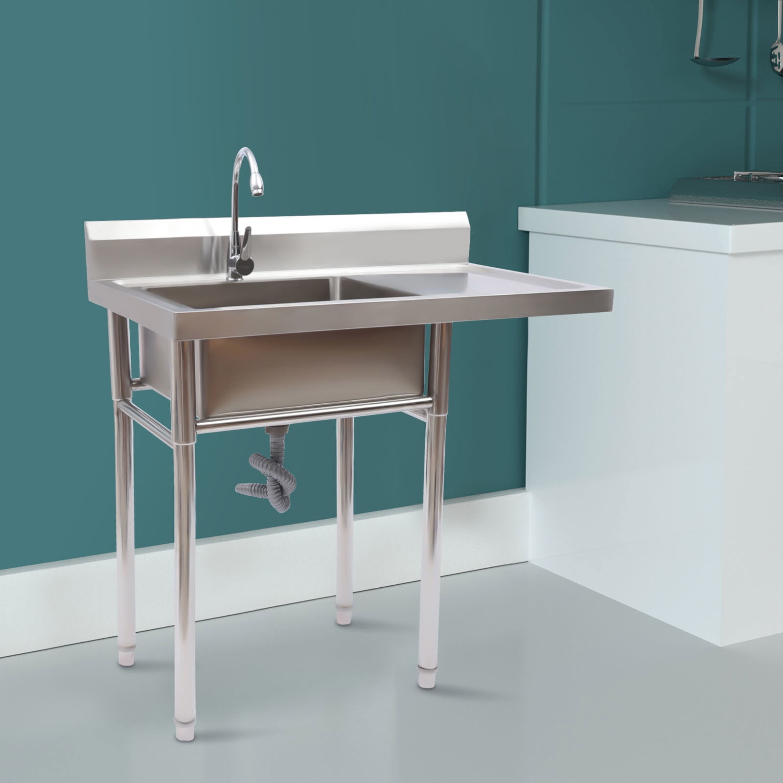 Stainless Steel Sink, 39.3 x 23.6 x 36.7 Inch Single Bowl Kitchen Sink, 4 Inch Backsplash Splash Guard, for Home Kitchen or Commercial Use