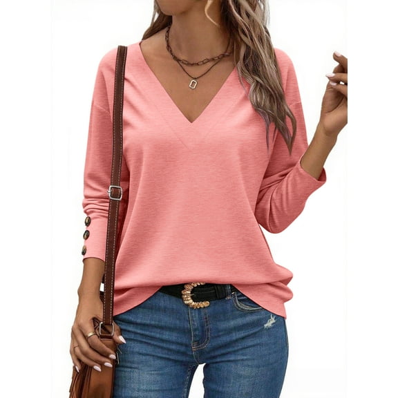 UVN Fall Blouses for Women V Neck Dressy Casual Shirts Loose Fit Long Sleeve Button Tops