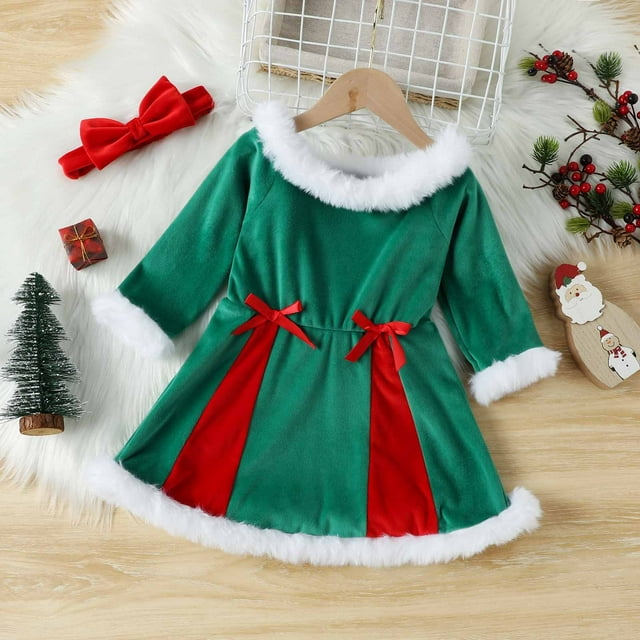 LSLJS Bambin Bébé Fille Robe de Noël Filles à Manches Longues Coutures Ensemble de Bandeau Robe pour Enfants Robes de Jeux pour Filles