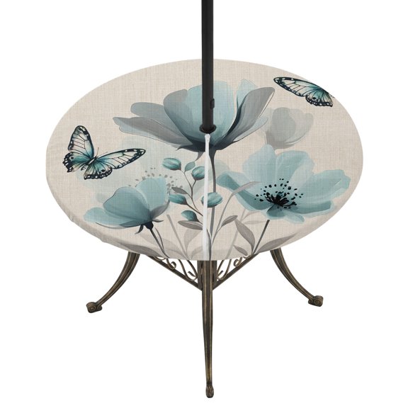 Turquoise Floral Round Outdoor Tablecloth with Umbrella Hole Zipper, Spring Pastoral Flowers Butterfly Beige Elastic Fitted Table Cover, Waterproof Table Cloth for Patio Picnic Party Fits 54"-60"