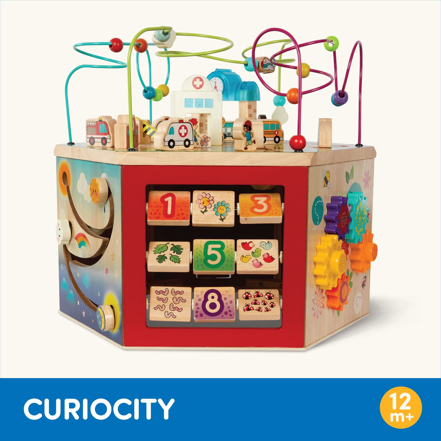Battat CurioCity Wooden Activity Center Toy with 7 Sides and Bead Maze, Baby and Toddler  12 Months +