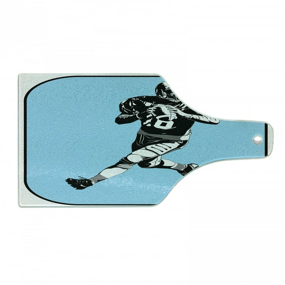 Sports Cutting Board, American Football League Game Rugby Player Run Original Retro Illustration, Tempered Glass Cutting and Serving Board, Wine Bottle Shape, Blue Black White, by Ambesonne