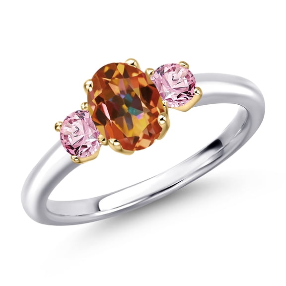 Gem Stone King 10K Two Tone Gold Ecstasy Mystic Topaz and Pink Lab Grown Diamond Engagement Ring for Women | 1.36 Cttw | Oval 7X5MM | Gemstone November Birthstone | Size 7