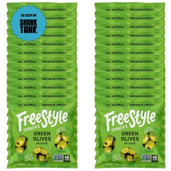 Freestyle Snacks Olive Snack Packs - Single Serve - Fresh Pitted Green Olives, Jumbo-Sized, Grown in Greece, All Natural, Non-GMO, Paleo, Sugar-Free, Keto, Salty Snack -