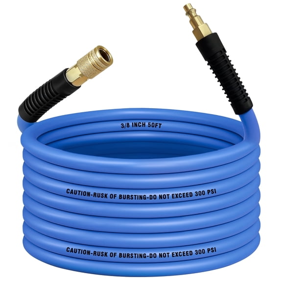 AGALI Air Compressor Hose 3/8 in x 50 ft, 300 PSI Heavy Duty Hybrid Air Hose with Quick Coupler and Plug Kit, Lightweight, Kink Resistant, All Weather Flexibility with Bend Restrictors, Blue