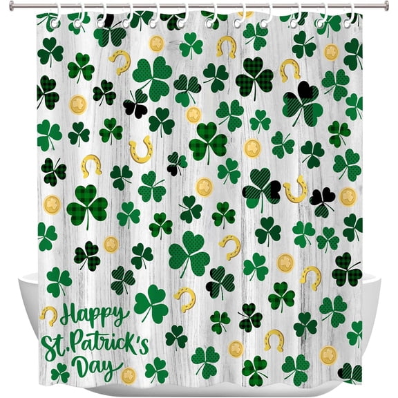 St Patricks Day Shower Curtain, Saint Patricks Day Decorations Green Clover Shamrock Leaf Irish Decor Waterproof Bathroom Shower Curtain Set with 12 Hooks 72 x 72 Inches