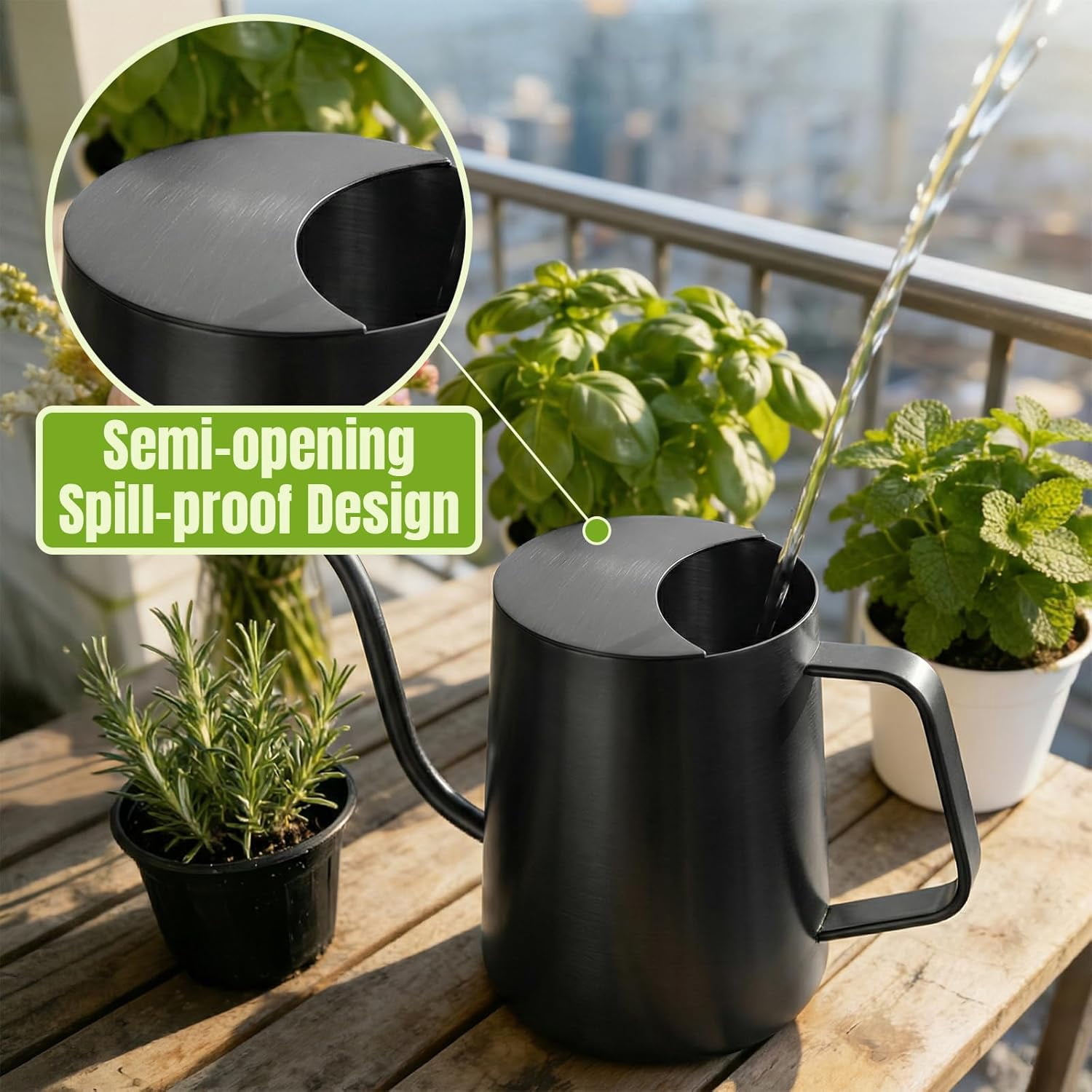 34oz/1000ml Watering Can Indoor Plants with Long Spout, Plant for Ergonomic Handle, Rust-Resistant & Durable 304 Stainless Steel, Office Home (Black)