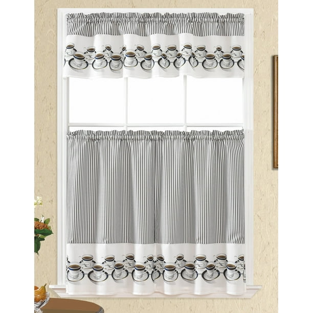 3pc Rod Pocket Embroidered Kitchen Curtains And Valances Set Swag Tier 36 Inch Length Black White Stripe Café Coffee Cappaccino Com 3pc Rod Pocket Embroidered Kitchen, Black And White Kitchen Curtains