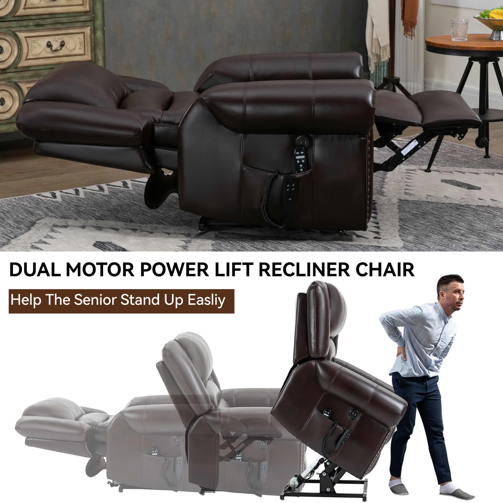 MAYEERTY Antique Brown Faux Leather Dual Motor Power Lift Recliner, 350lbs Massage Heat USB Ports 40"x38"x41" for Elderly