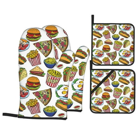 

Oven Mitts and Pot Holders Sets 4 pcs - Hot Dog With One Sausage Heat Resistant Silicone Oven Gloves with Non-Slip Silicone Surface and hot pads for kitchen Baking Cooking BBQ