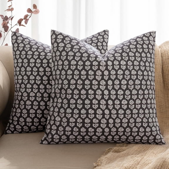 Block Print Pillow Covers 20x20 Inch Set of 2, Vintage Floral Throw Pillow Cases Neutral Linen Farmhouse Cushion Covers for Couch Sofa Bed Chair Living Room, Black