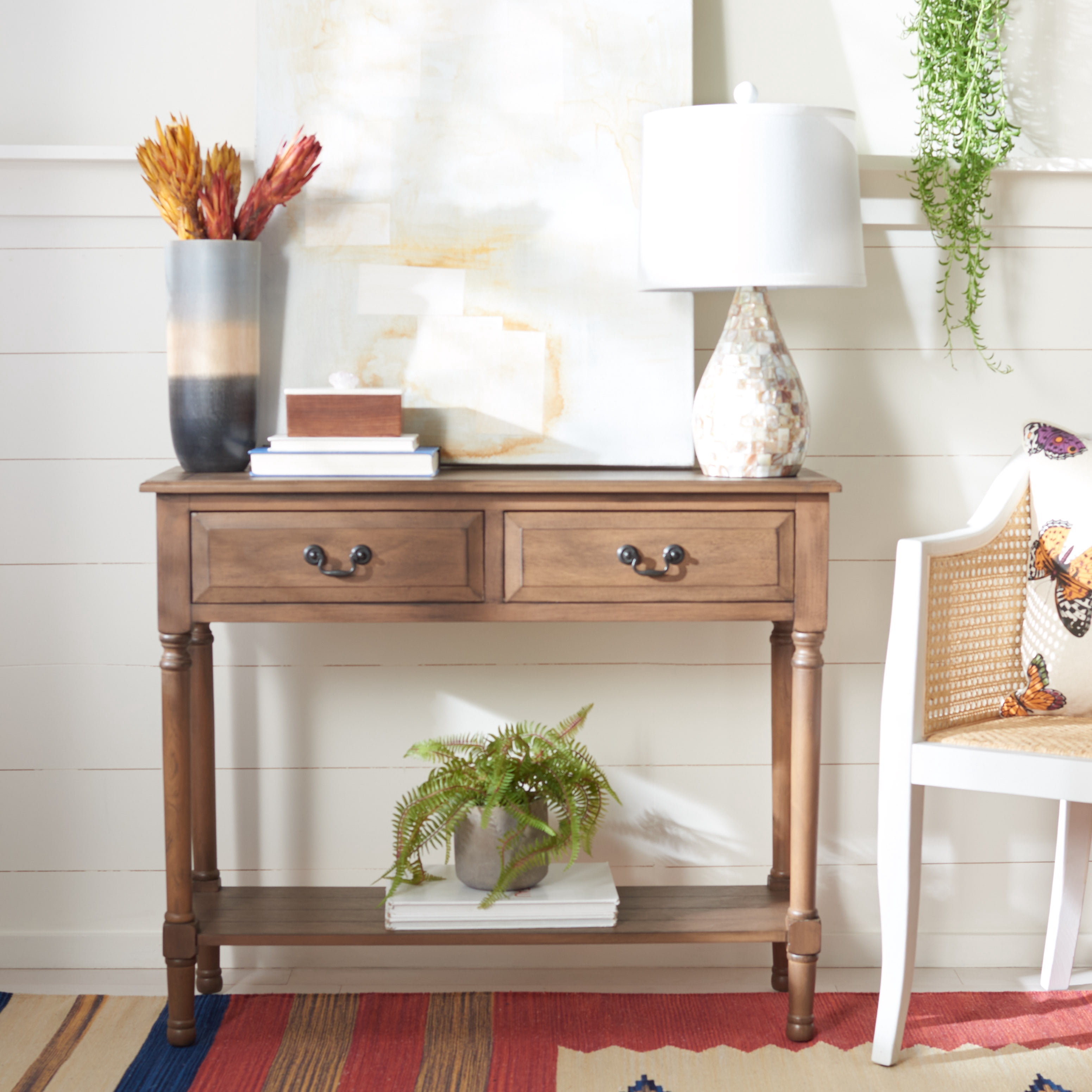 SAFAVIEH Primrose French 2-Drawer Brown Wood Rectangle Console Table (35.5 in. W x 13 in. D x 29.5 in. H)