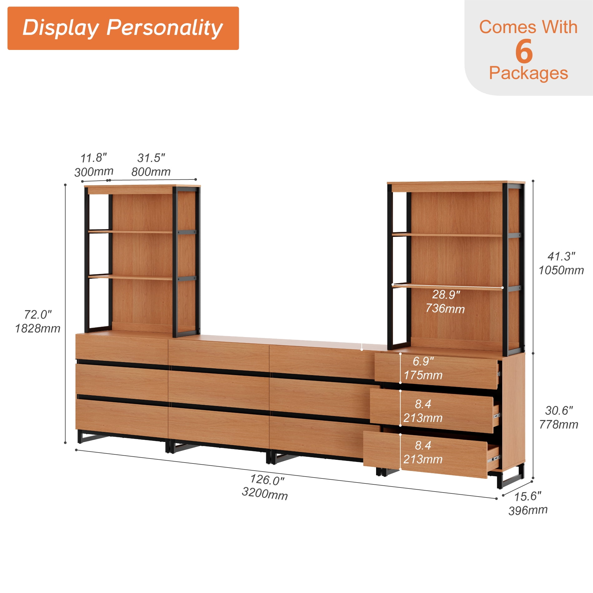 WAMPAT Modern TV Stand with 3 Tiers Bookshelf, Farmhouse Entertainment Center with 12 Drawers and Adjustable Shelf, Wooden Media TV Console with Black Metal Leg for Living Room, Mocha