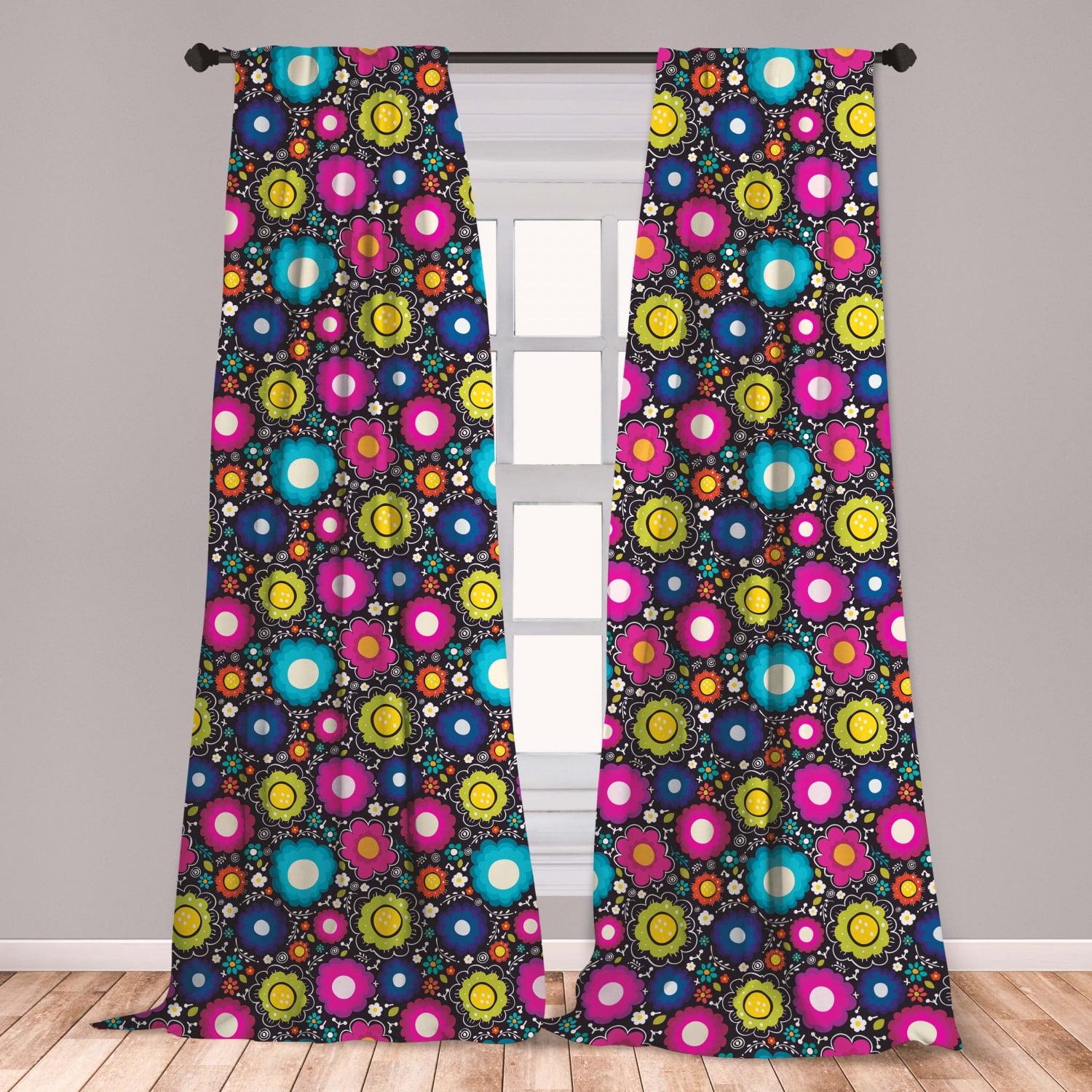 Colorful Curtains 2 Panels Set, Doodle Style Lively Colored Daisy
