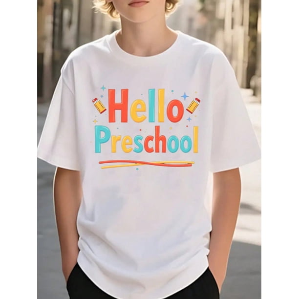 Girls & Boys "Hello Preschool Cotton Graphic Tees, Back To School Clothes Girls, Black Summer Shirts With Colorful Text Design, Gift For First Day of School, Round Neck Short Sleeve T-Shirt