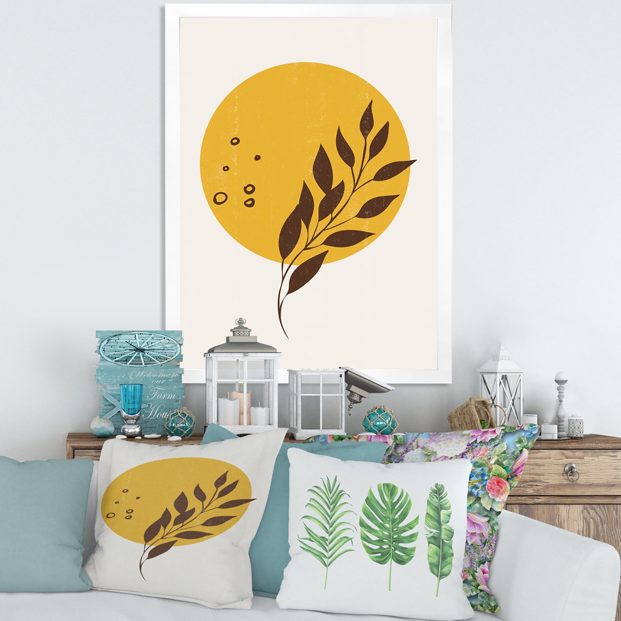 Designart 'Abstract Moon and Yellow Sun With Tropical Leaf II' Modern Framed Art Print