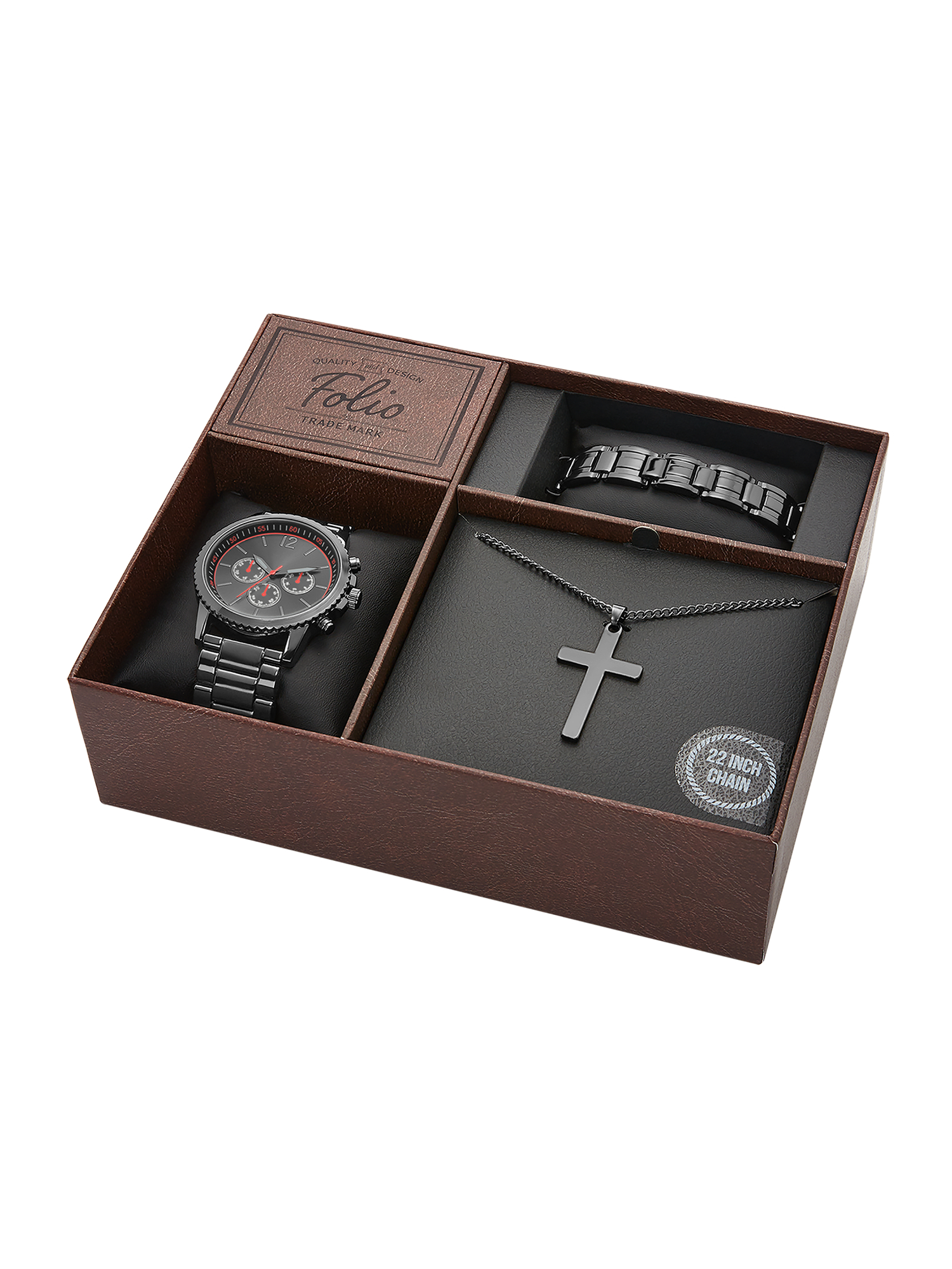 Folio Men's Gunmetal Tone Round Analog Bracelet Watch with Matching Bracelet and Cross Pendant Gift Set (FMDAL1148) - image 2 of 3