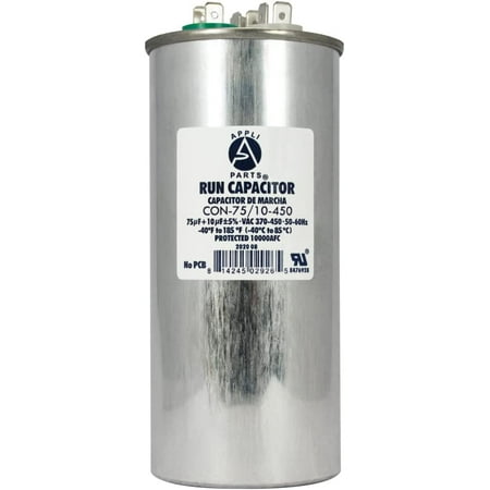 

Appli Parts Dual Run Capacitor For Ac 75 10 Mfd Uf (Microfarads) 370VAC Or 450VAC CBB65 Round Universal Fit For Hvac And Other Applications 5-5/8 In High 2-1/4 In Wide CON-75/10-450