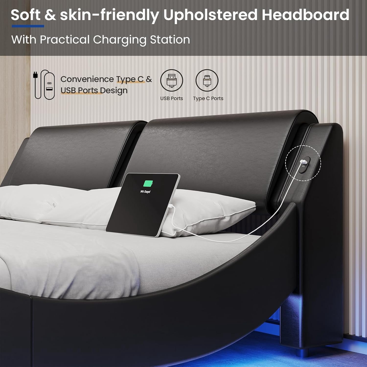 Led Bed Frame King Size Platform Bed Frame with LED Lights&USB Ports&Headboard,Low Profile Wave Like Curve King Bed, No Box Spring Needed, Black