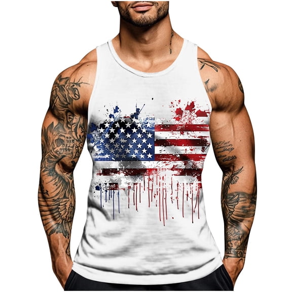 Mens Crew Neck Tank Tops Summer Beach Vacation Sleeveless Shirts Casual American Flag Graphic Muscle Gym Workout Tank Top Big and Tall Sizes S-4XL White