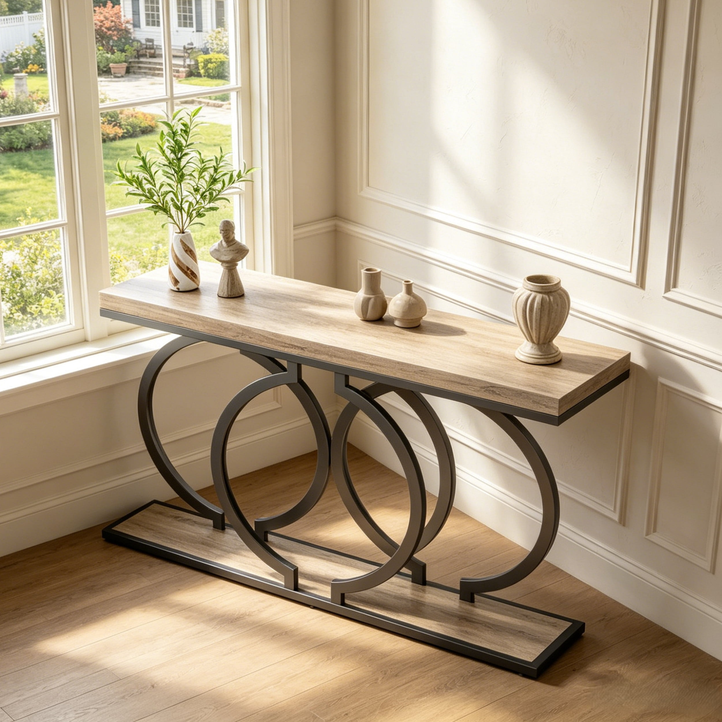 Fnova 55" Console Table, Modern Entryway Table with Geometric Metal Frame, Faux Marble Narrow Long Sofa Table for Living Room, Entrance, Hallway