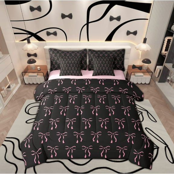 Manfei Black Pink Bowknot Twin Bedding Sets 7-Piece for Kids, Cute Princess Bow Bedding Comforter Set, Kawaii Cartoon Bow-tie Reversible Sheet Sets, Super Cozy Room Decor