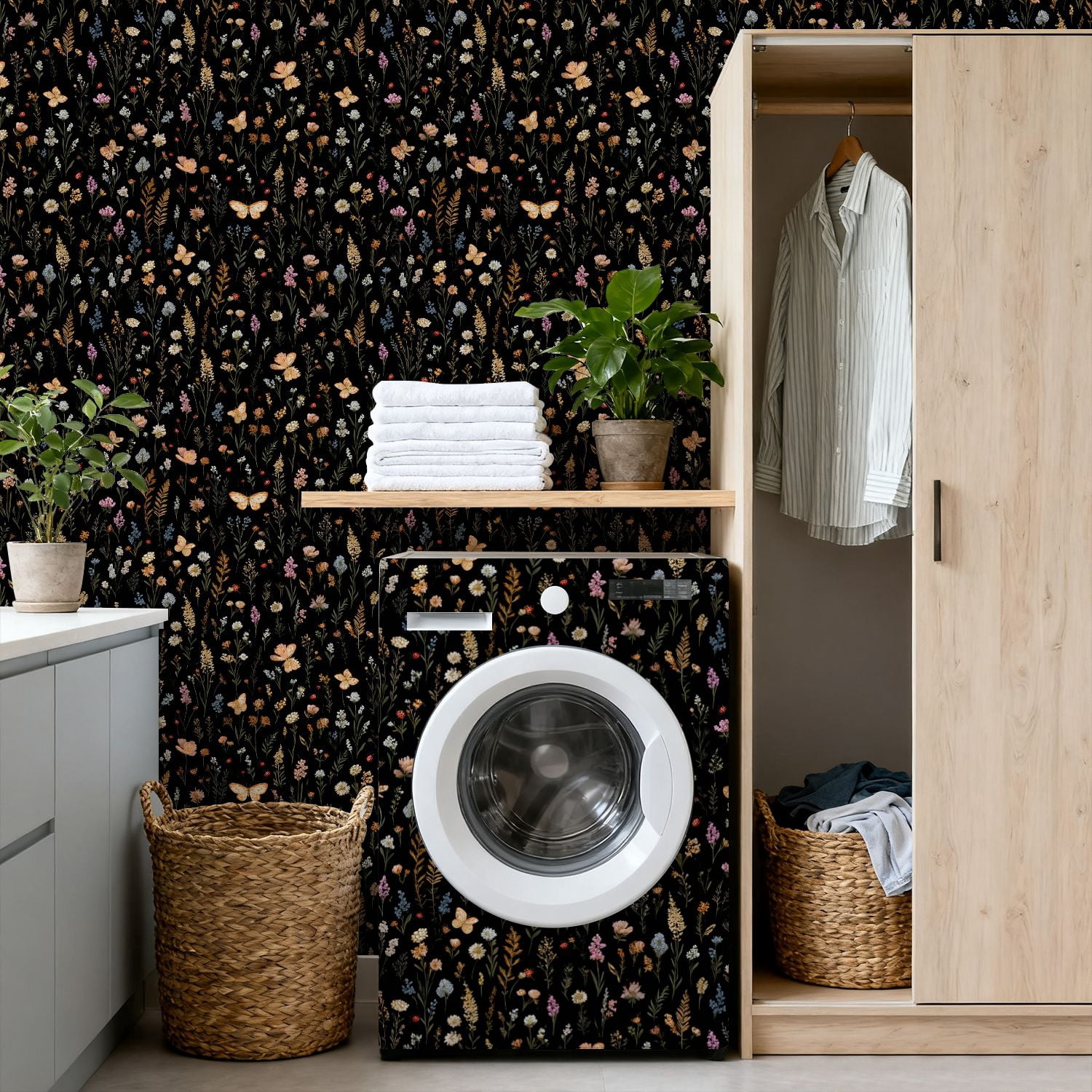 Peel and Stick Wallpaper Floral Wildflower Butterflies Black Vintage Botanical 24in x 118in Contact Paper Removable Self Adhesive Wall Mural Wall Decor for Bedroom Kitchen Cabinets