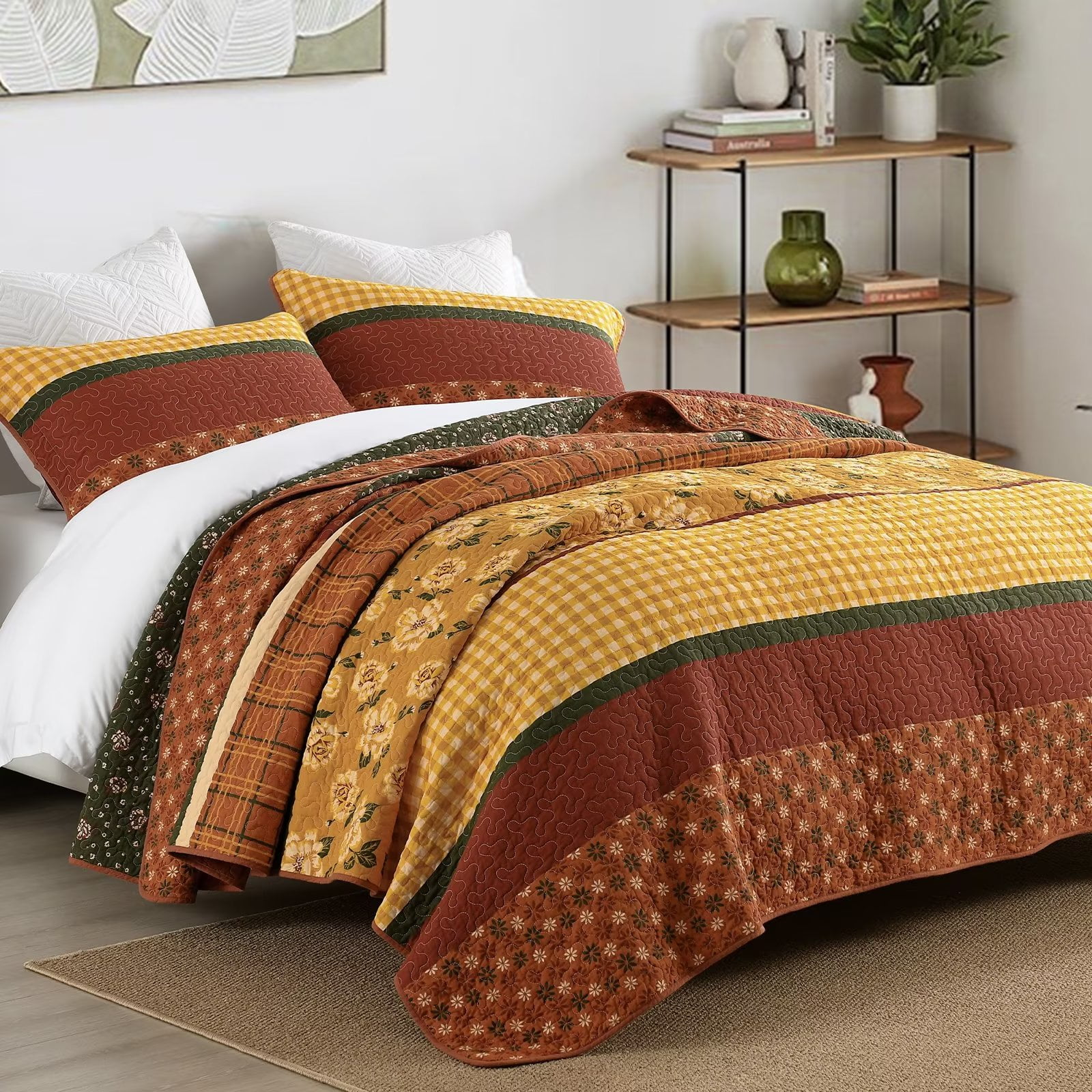 DDUOXIN Bohemian Fall King Quilt - 100% Cotton Floral Brown & Gold & Green Striped King Size Quilt Set, Lightweight Boho Bedspread Autumn Gift 3-Piece Quilt Comforter Set with 2 Pillowsham, 98"x106"