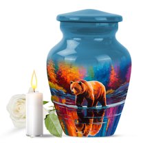 JAGASY Bear Miniature Urn for Daughter, Blue Small Urns for Human Ashes Keepsake, River Orange Yellow Trees Decorative Urn for Son, Handmade Tiny Urns for Children, (3 Inch)