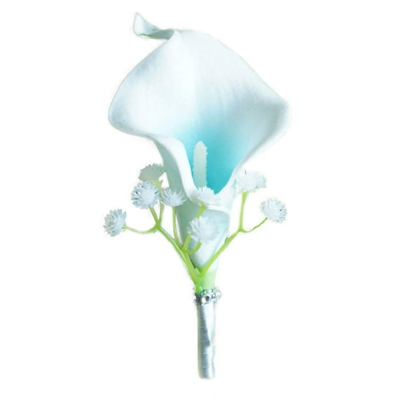Lily Garden Artificial Wedding Floral Set Turquoise and White Calla Lily with Silver Ribbon and Bling (1 Single Boutonniere)
