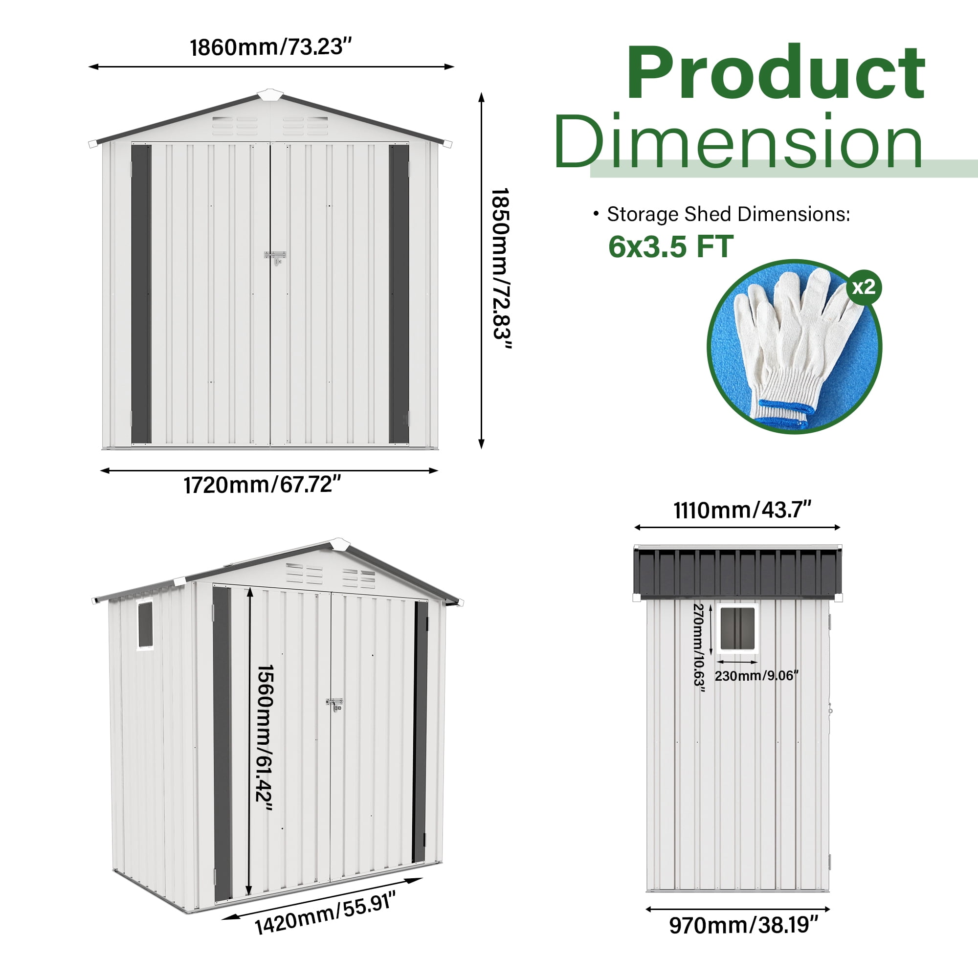 Aukfa 6x3.6 FT Outdoor Storage Shed with Lockable Door & Peaked Roof, Waterproof Garden Shed, Compact Metal Shed for Backyard, Patio, Bike & Tool Storage, White